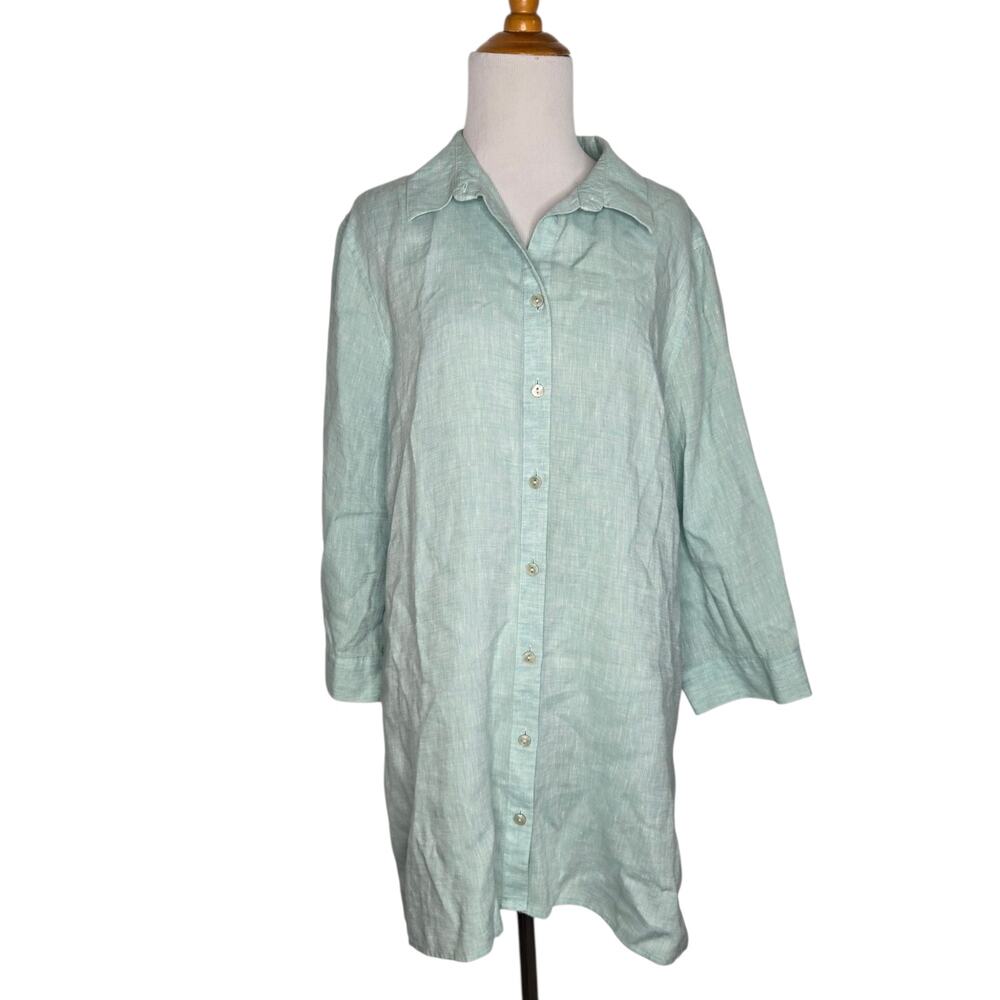 Chico's Womens 3 No Iron Linen Shirt Lightweight Coastal Blue Summer Tunic Work